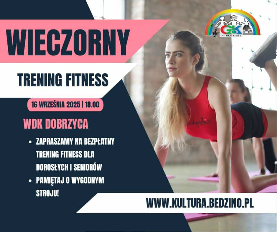 Kobieta uczestniczy w wieczornych zajęciach fitness w WDK Dobrzyca. Bezpłatne zajęcia fitness dla dorosłych i seniorów. 16 września, godz. 18:00.