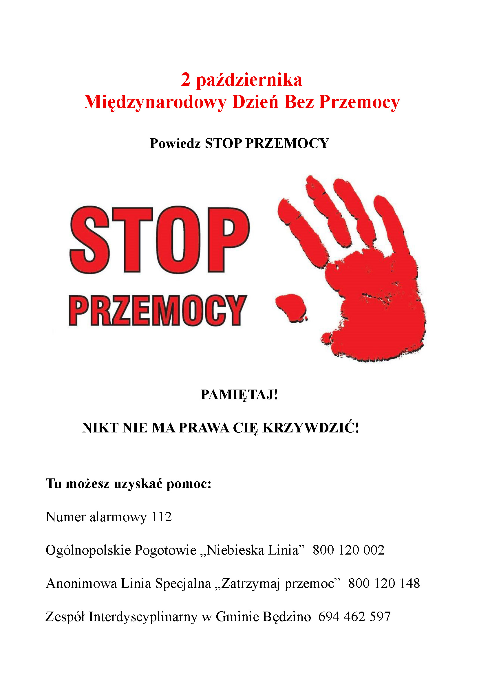Plakat o powstrzymaniu przemocy: „STOP PRZEMOCY” z czerwonym nadrukiem dłoni i numerami alarmowymi.