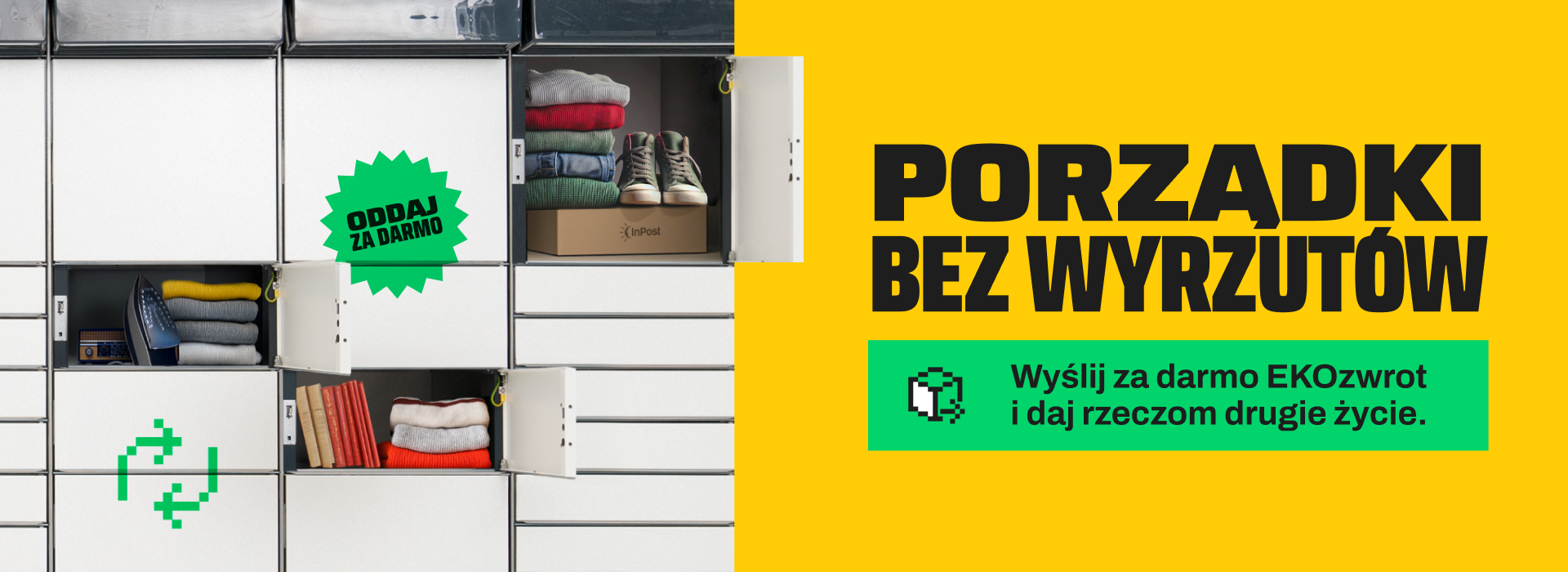 Szafki InPost z odzieżą i tekstem "Oddaj za darmo, Porządki bez wyrzutów, Wyślij EKOzwrot".