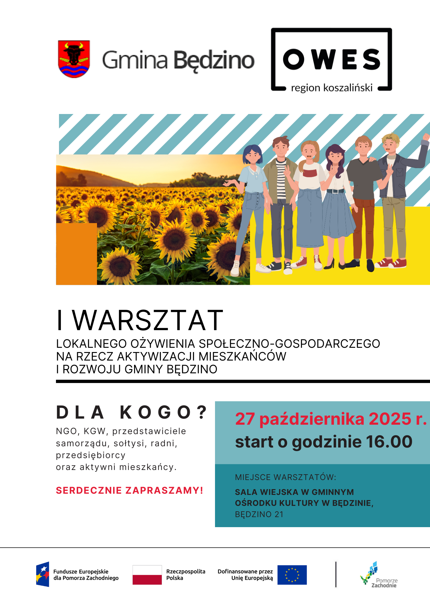 Plakat Gmina Będzino OWES zapraszający na warsztat ożywienia społeczno-gospodarczego 27.10.2025.