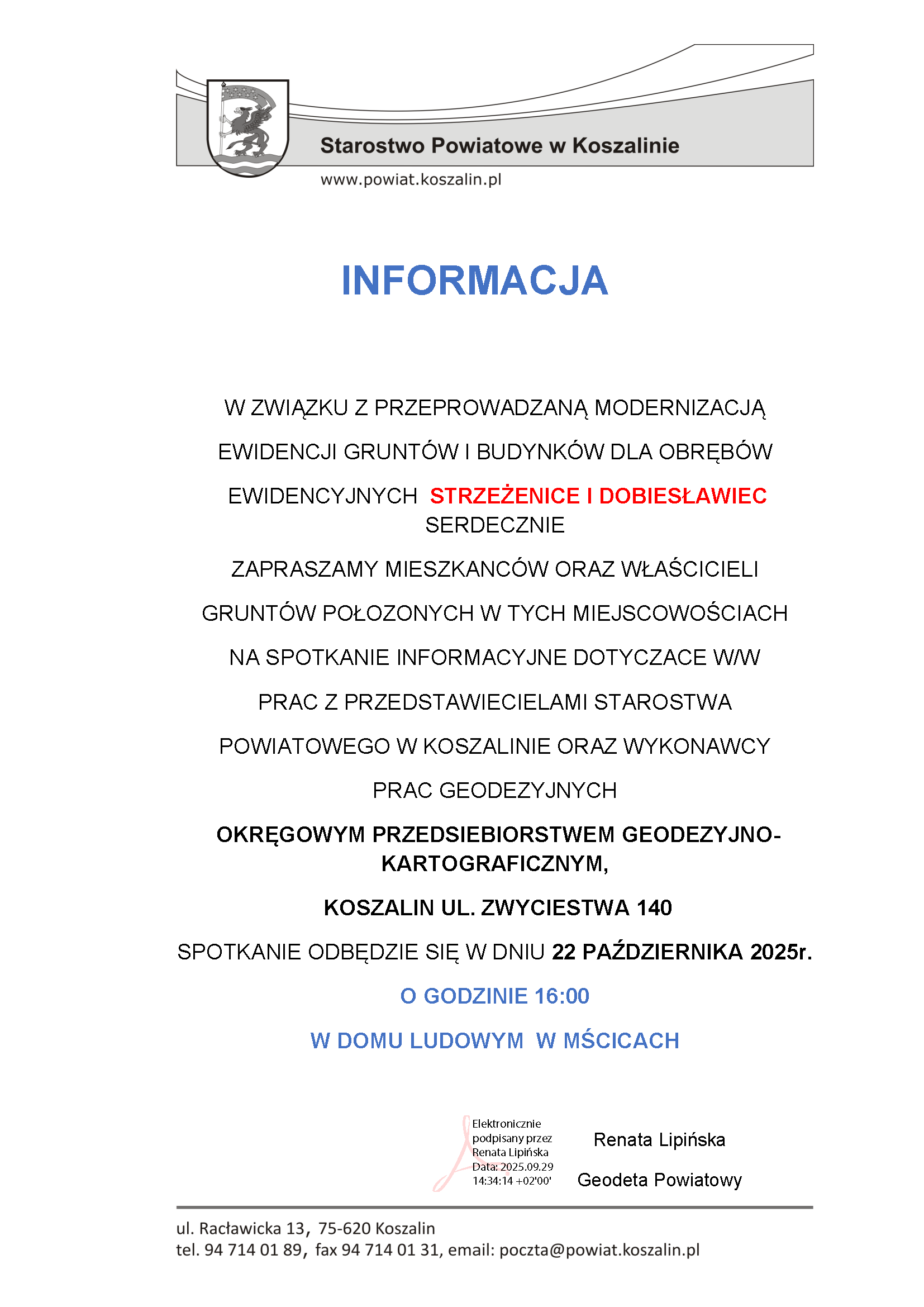 Spotkanie informacyjne dotyczące modernizacji gruntów i budynków w Strzeżenicach i Dobiesławcu
