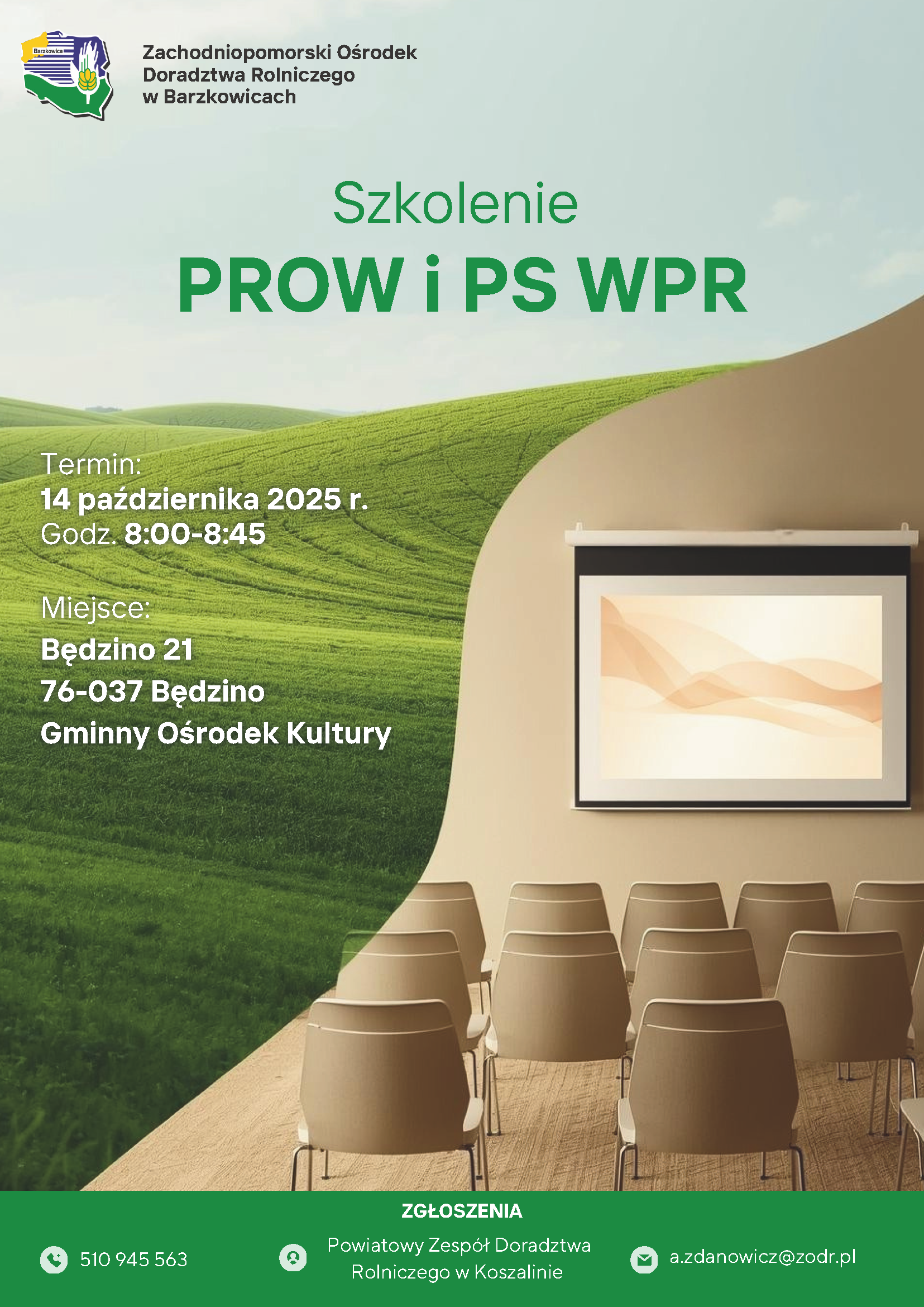 Szkolenie PROW i PS WPR w Barzkowicach, 14 października 2025, Gminny Ośrodek Kultury w Będzinie.